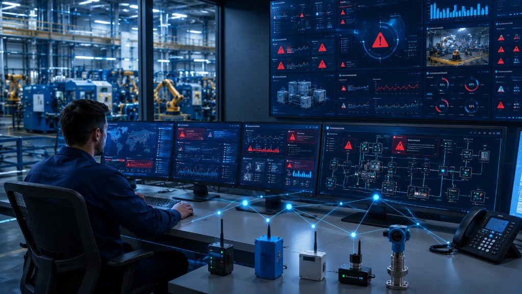 Technician in a control room with real-time SCADA alarms, dashboards and industrial IoT sensors