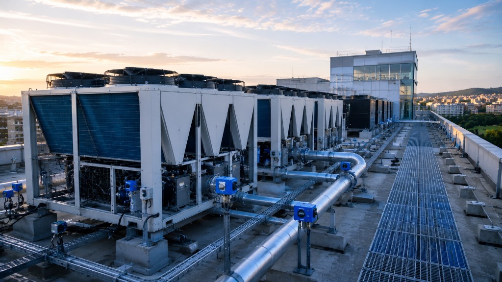 Industrial chillers on a building rooftop with piping, sensors and HVAC energy monitoring