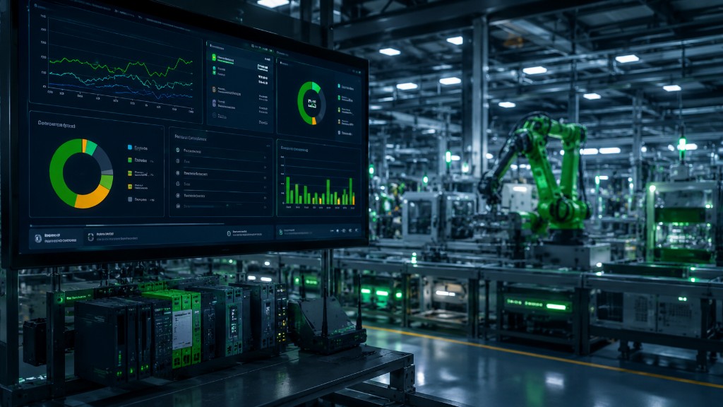 Dashboard SCADA e linha de produção industrial com braço robótico — monitorização em tempo real