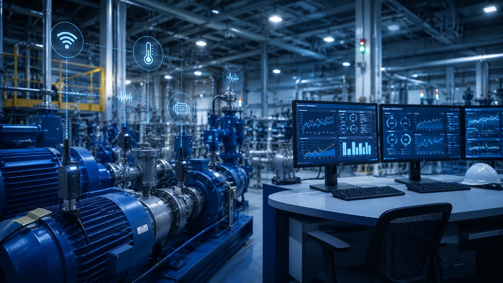 Instalação industrial com sensores IoT, analisadores de energia e dashboards SCADA de monitorização de consumos em tempo real