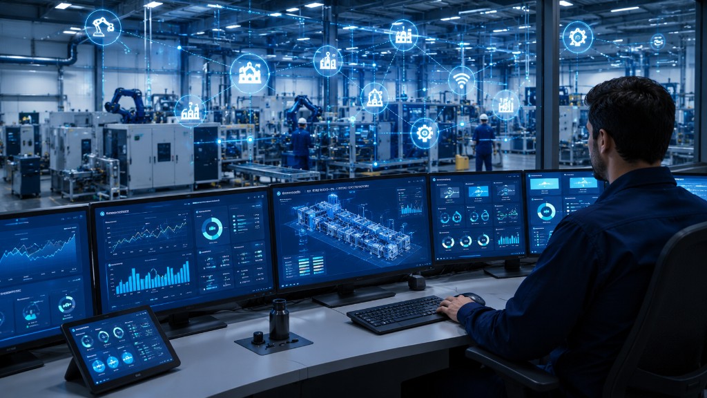 Operator in a control room with SCADA and IoT dashboards monitoring industrial equipment in real time