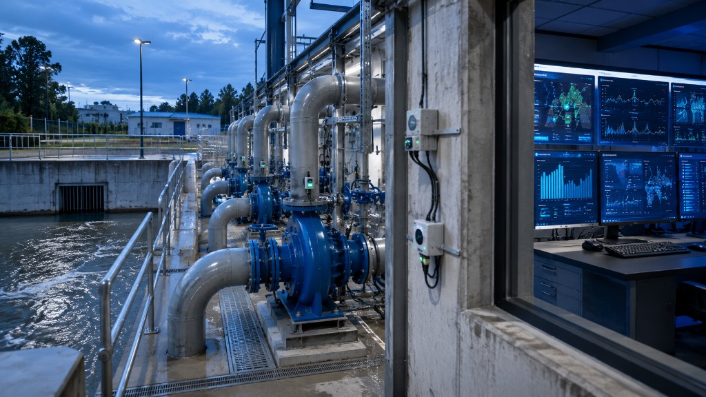 Water pumping station with IoT telemetry and control room with SCADA dashboards for remote water monitoring