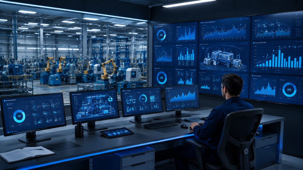 Industrial control room with SCADA dashboards, KPIs and real-time production data monitoring